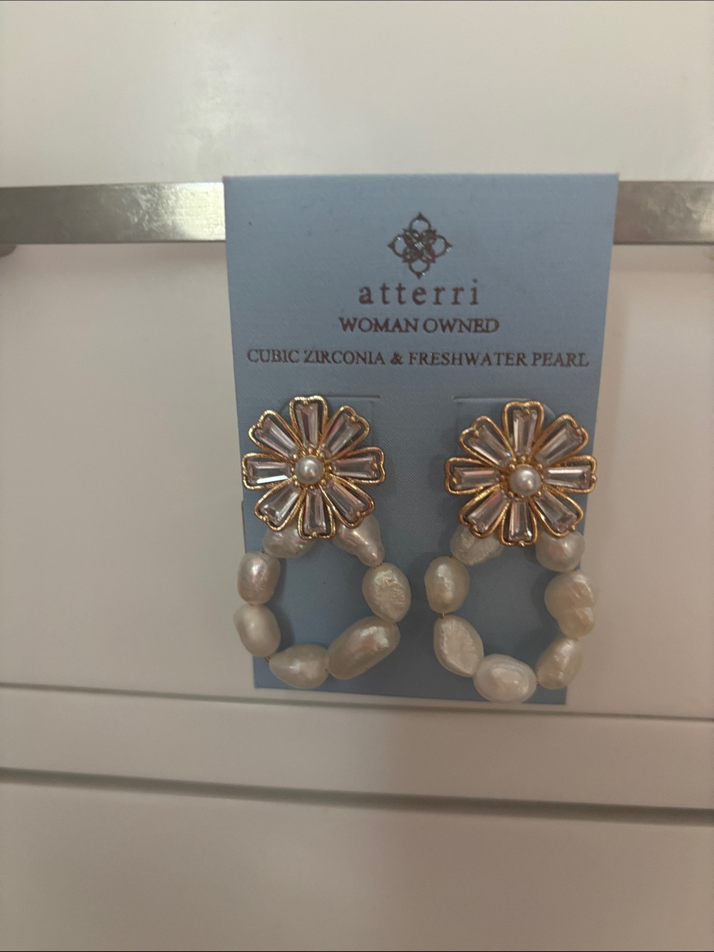 Atterri Gold & White Freshwater Pearl Floral Hoop Earrings